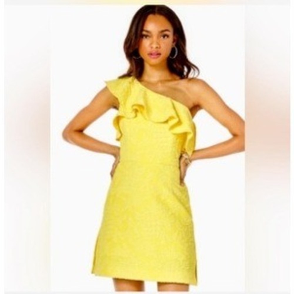 Lilly Pulitzer Yellow One Shoulder Ruffle Pineapple Jacquard Mini Romper Dress